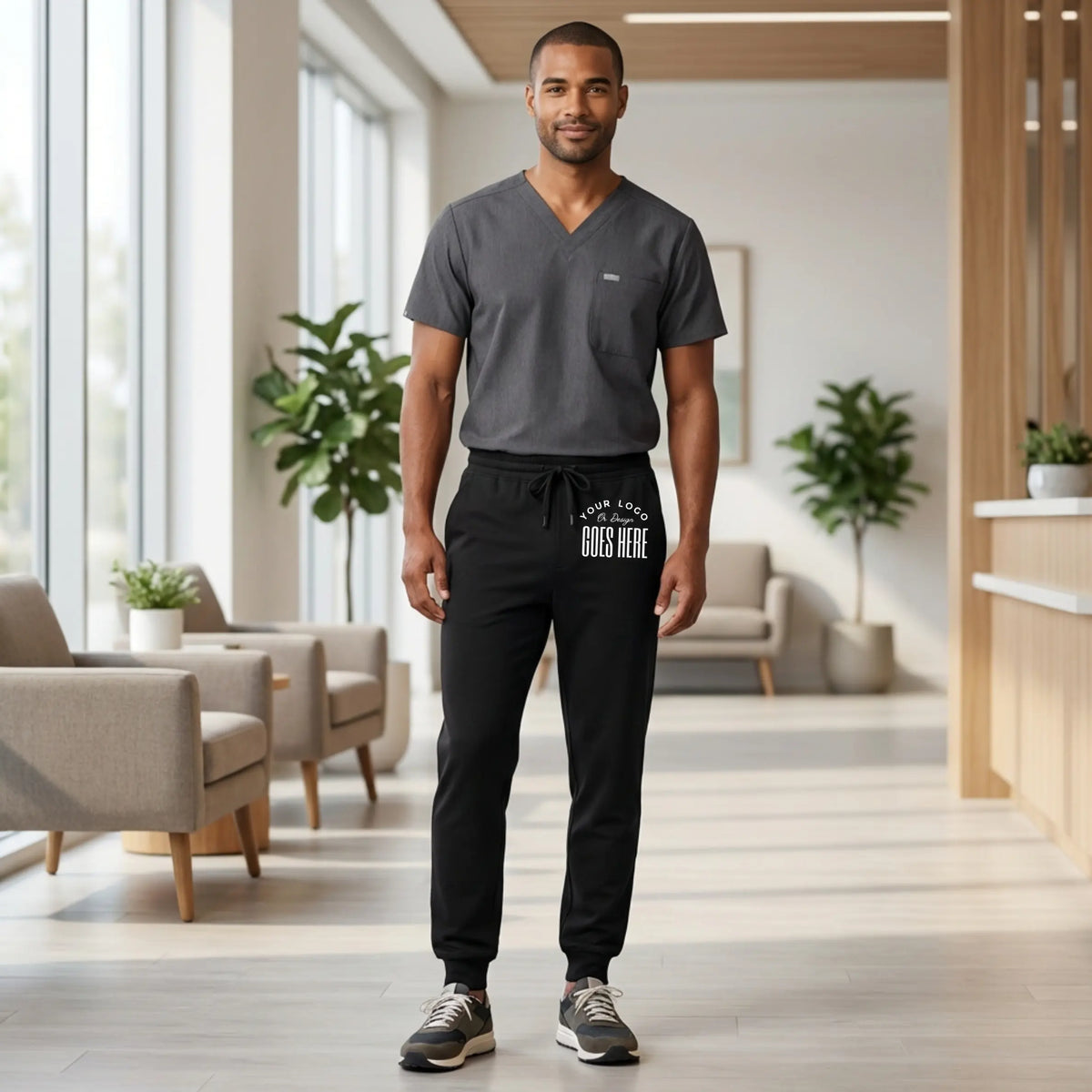 Unisex custom medical scrub joggers by Winks Design Studio featuring multiple pockets and comfortable fit in black fabric.