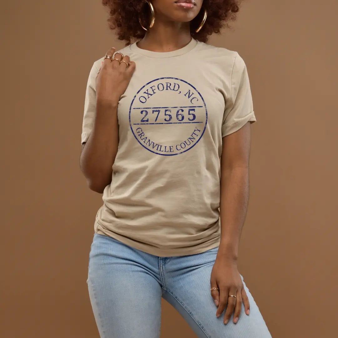 Distressed Oxford NC 27565 T-shirt by Winks Design Studio featuring local pride and casual Oxford style in a close-up view.