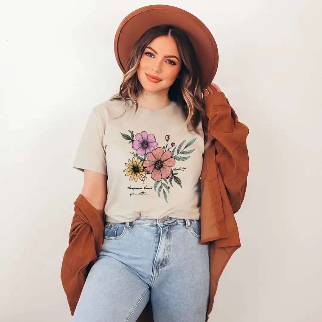 Yellow Happiness Blooms From Within T-shirt by Winks Design Studio with colorful floral and uplifting text design.