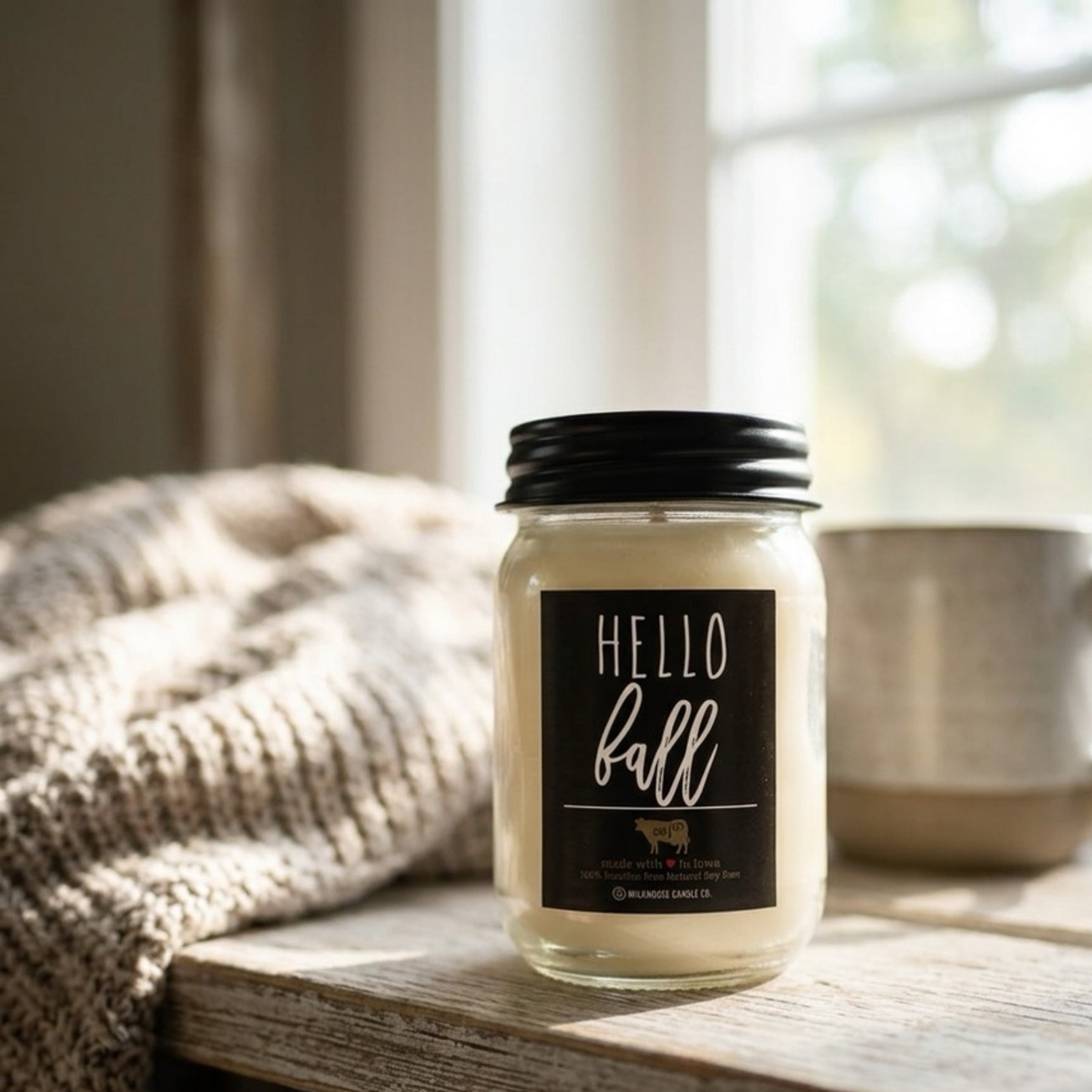 A glass jar candle with a black lid and a black label reading &