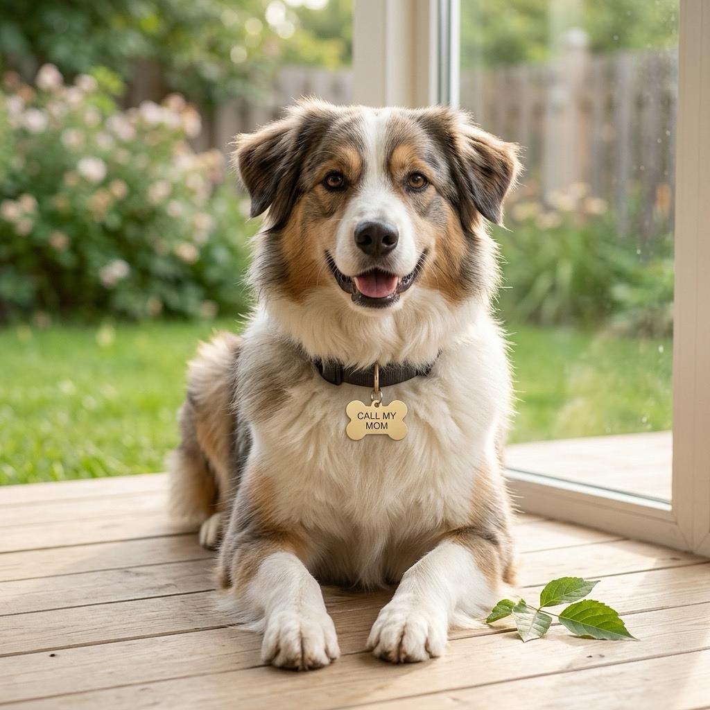 Custom engraved aluminum pet ID tag featuring a bone shape, designed by Winks Design Studio, LLC.