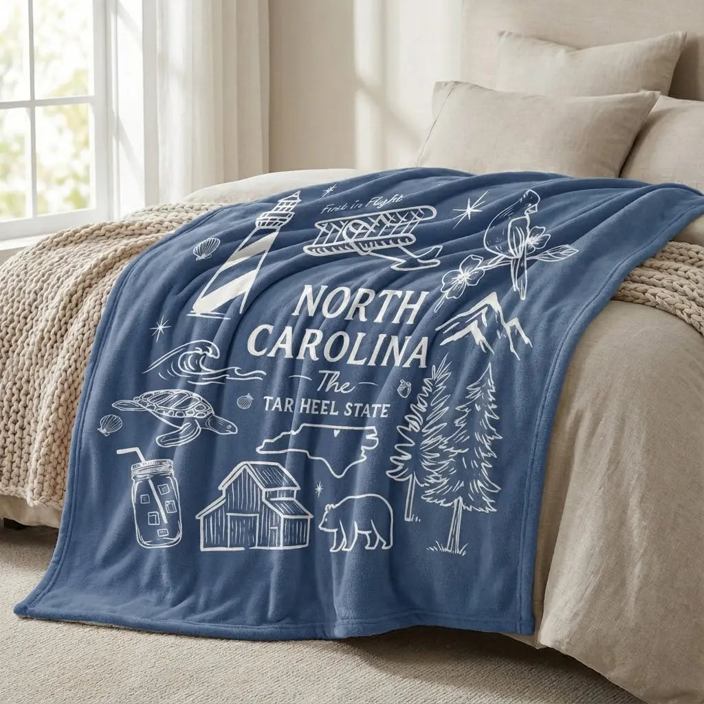 Oversized North Carolina fleece blanket featuring hand-drawn state icons, 80x60 inches, by Winks Design Studio, LLC.