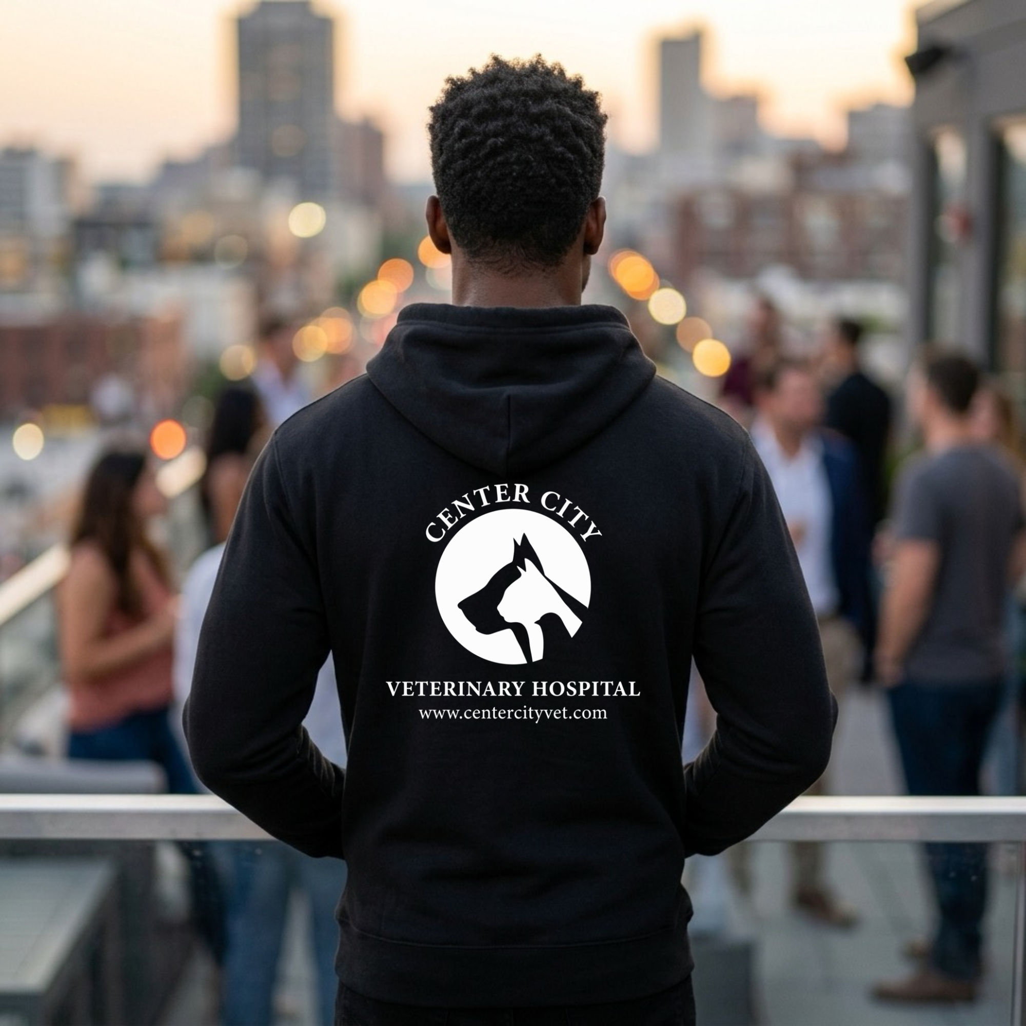 Winks Design Studio Center City Vet front pouch hoodie in gray with a front kangaroo pocket and hood, casual apparel for comfort.