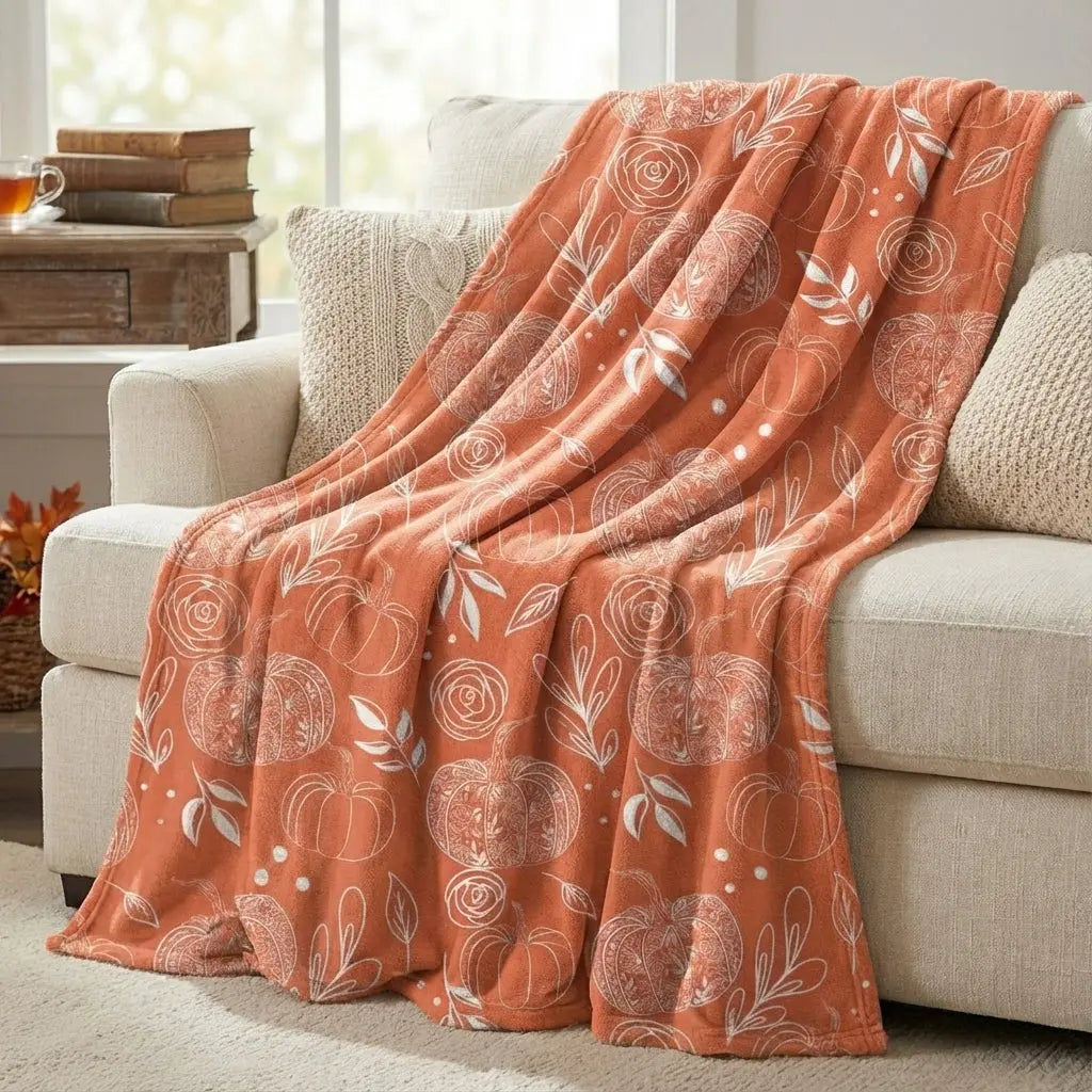 Flower pumpkin fleece blanket by Winks Design Studio, LLC featuring a cozy floral and pumpkin pattern on soft fleece fabric.