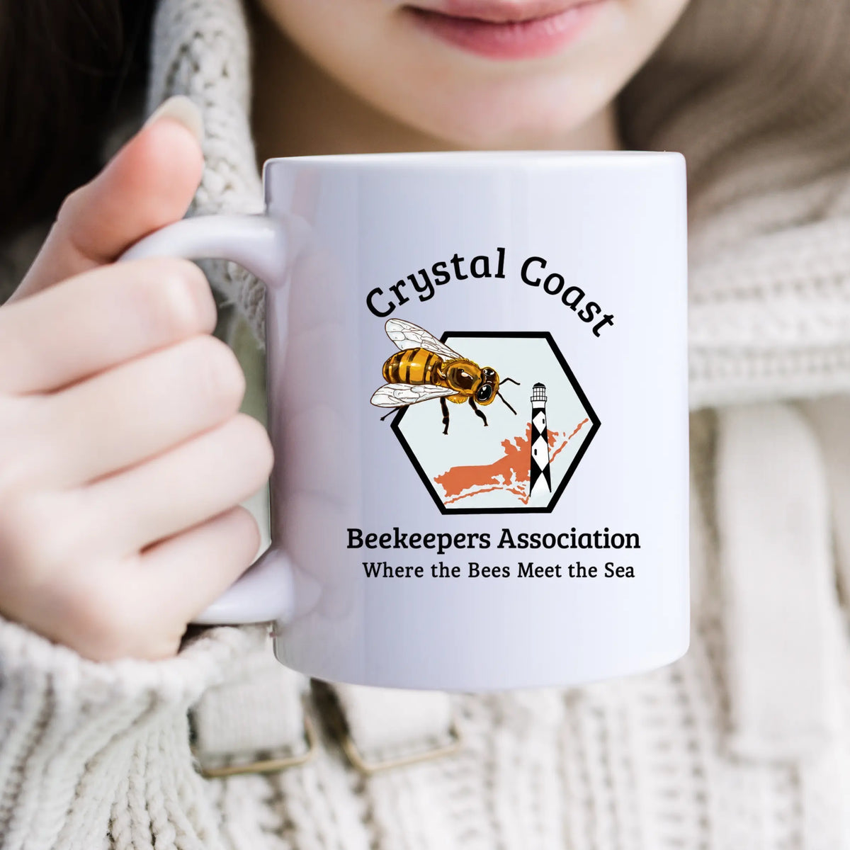 Winks Design Studio Crystal Coast Beekeepers 15oz ceramic mug featuring a detailed beekeeping design and large handle.
