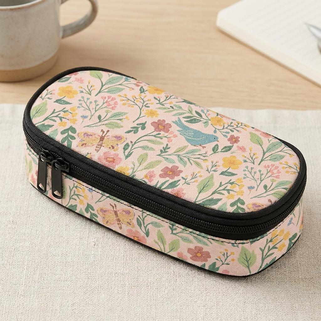 Winks Design Studio Storybook Garden 3-layer pencil case with colorful floral and garden illustrations, featuring multiple compartments.