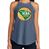 Woman wearing SCBA Halter Tank with South Carolina Beekeepers Association logo, made from soft tri-blend fabric for comfort and style