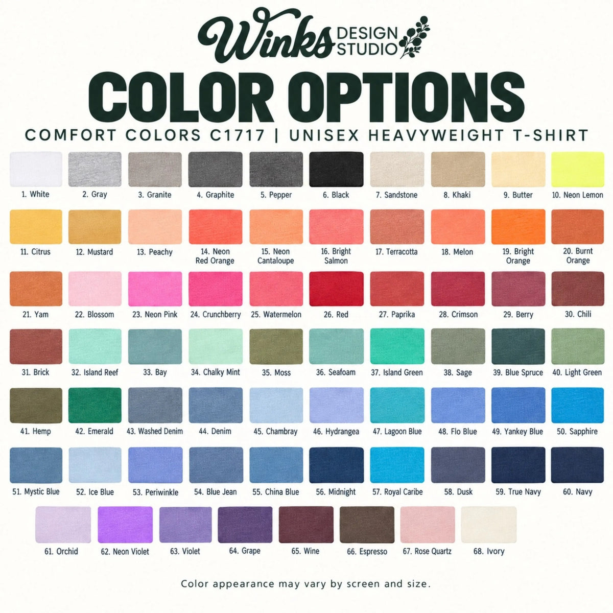 Winks Design Studio heavyweight garment-dyed t-shirt color chart with 68 colors, from soft vintage neutrals to brights and neons