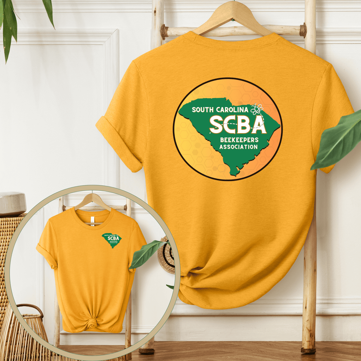 SCBA Short Sleeve T-Shirt showcasing South Carolina Beekeepers Association logo, made from soft, durable cotton-polyester blend for style and comfort