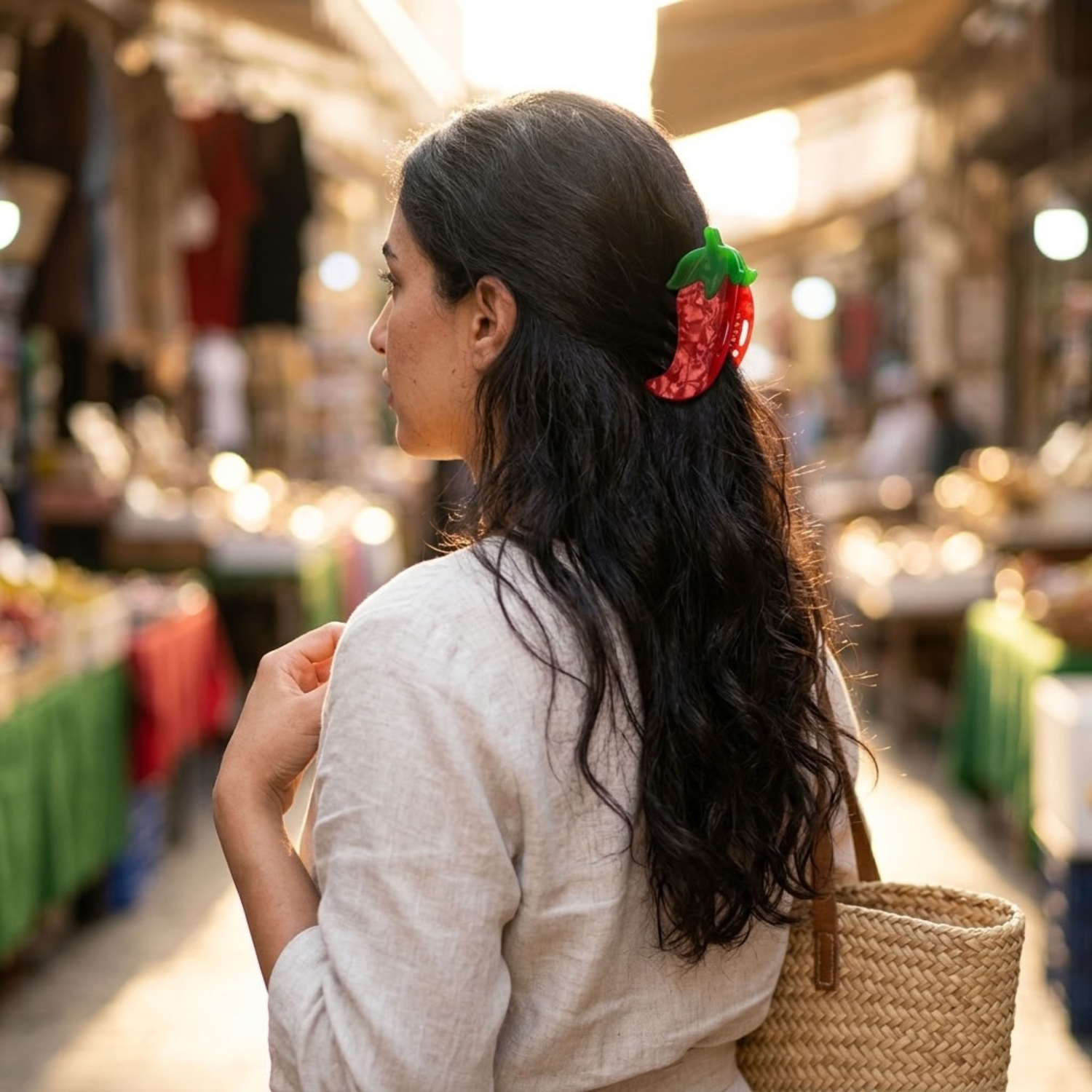 A woman with long, wavy black hair wearing a red chili pepper hair clip in a market setting.