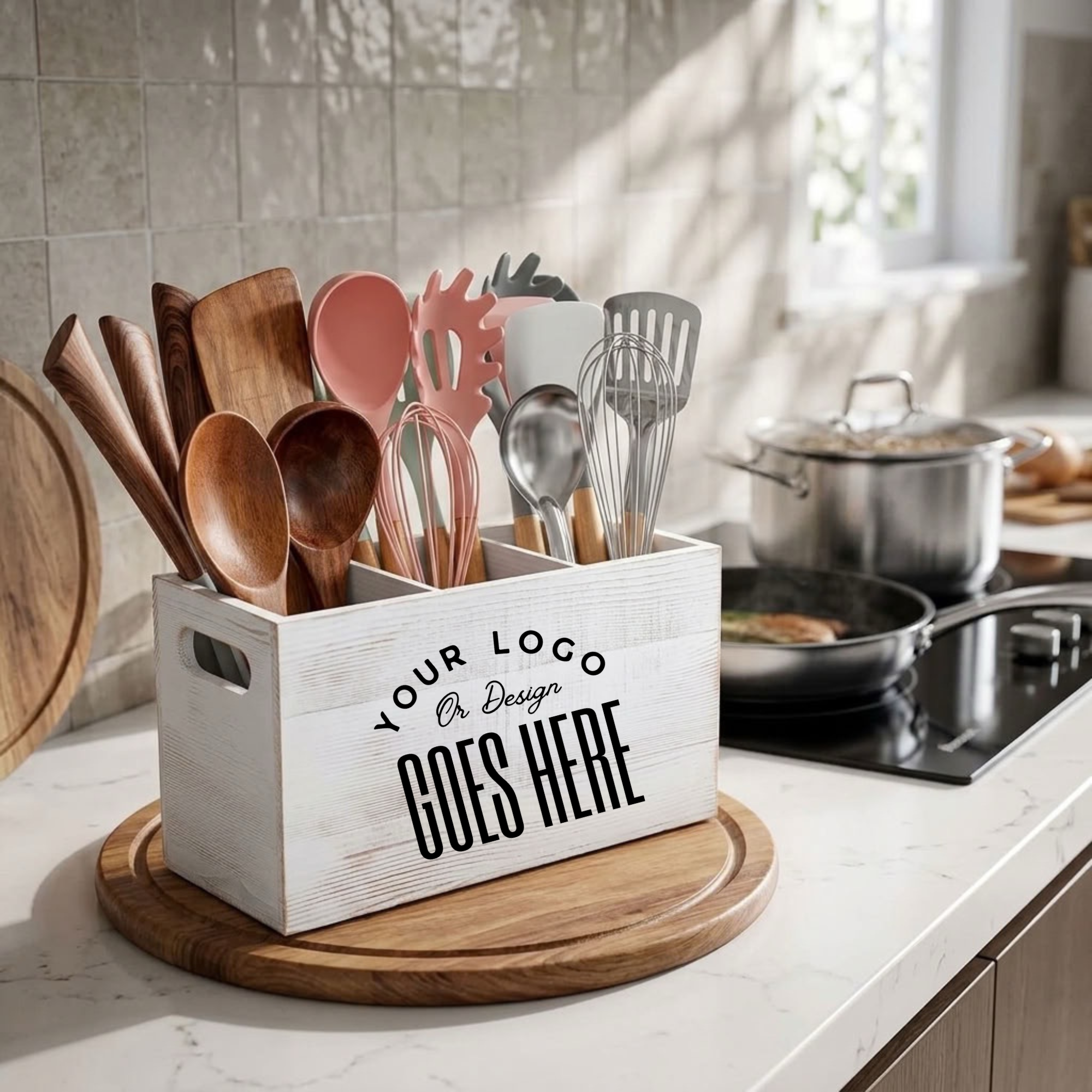 A white wooden kitchen utensil holder box with black placeholder text, filled with wooden and pastel kitchen tools, set on a marble countertop in a bright kitchen.