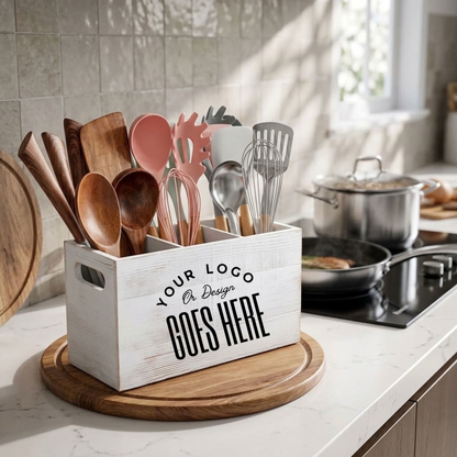 A white wooden kitchen utensil holder box with black placeholder text, filled with wooden and pastel kitchen tools, set on a marble countertop in a bright kitchen.