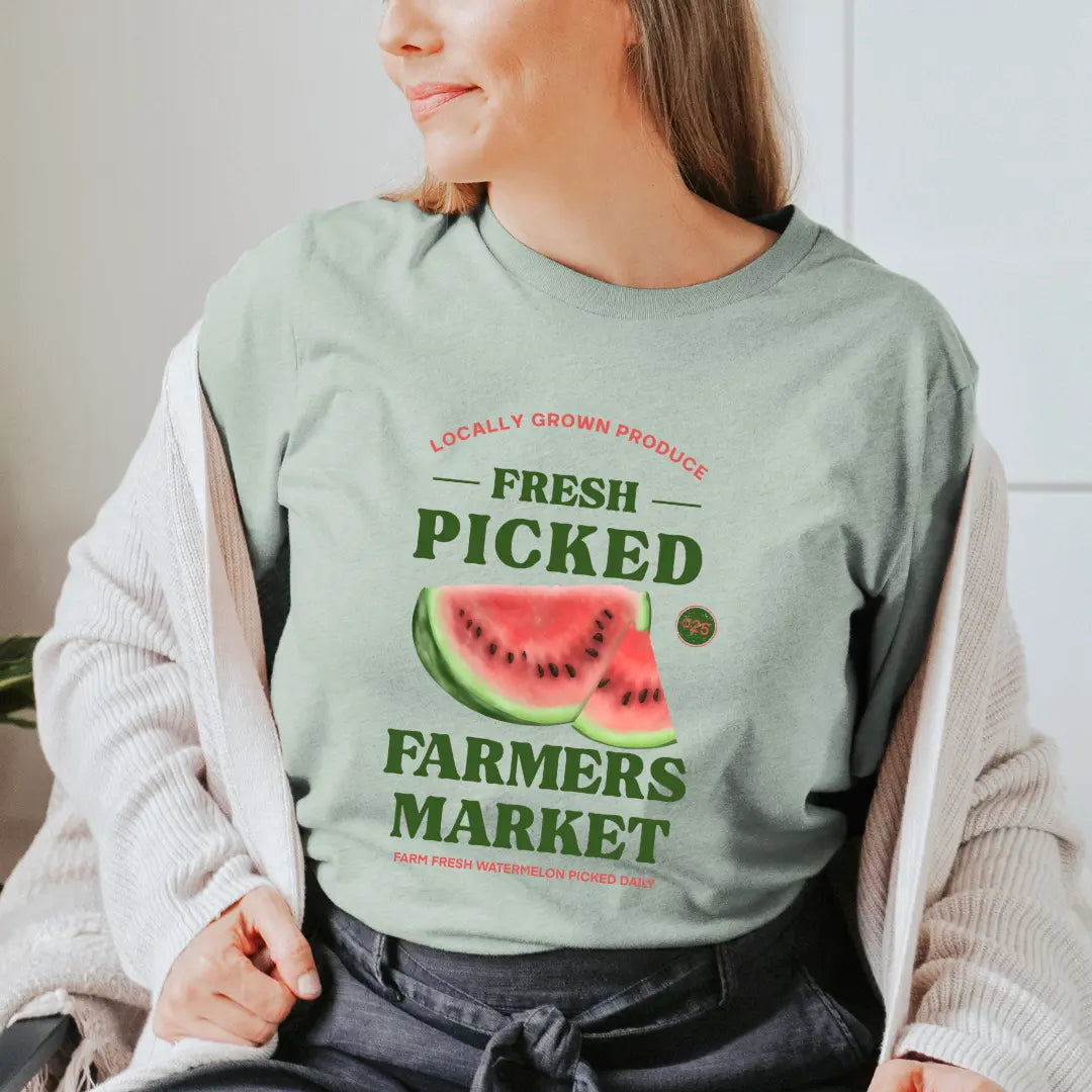 Winks Design Studio LLC farmers market fresh picked watermelon T-shirt featuring a colorful watermelon graphic on soft fabric.