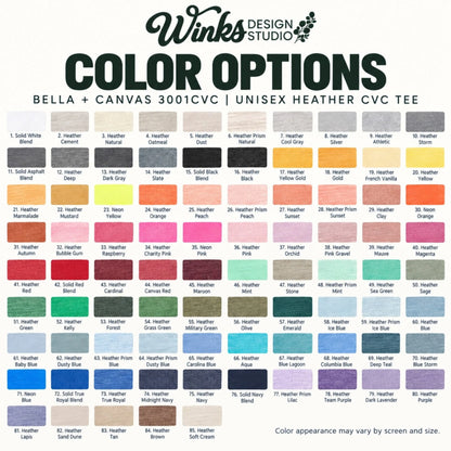 Winks Design Studio unisex heather tee color chart with 85 colors, from neutrals and heathers to brights, pastels, and neons