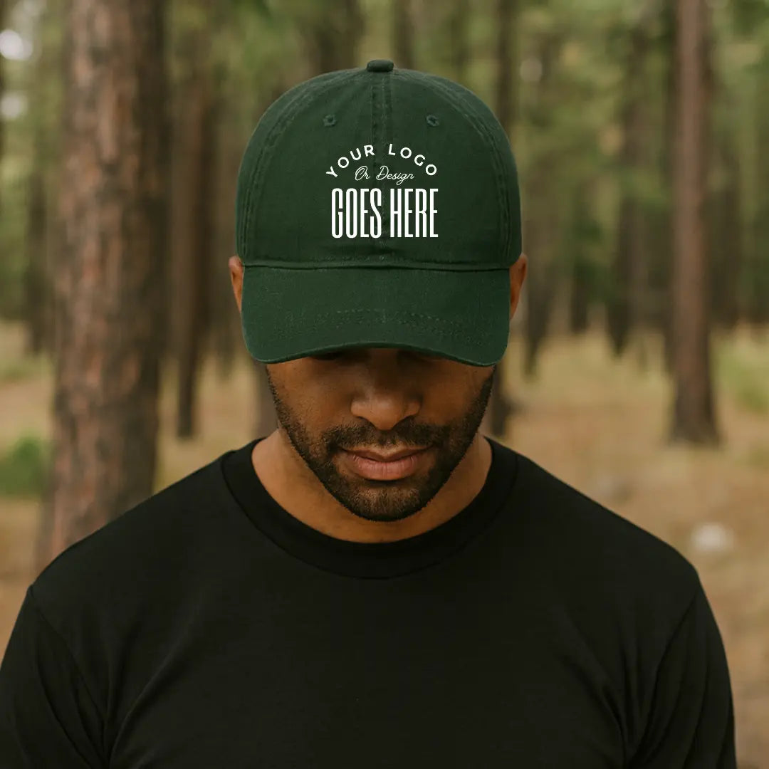 Custom twill hat by Winks Design Studio, LLC featuring a structured baseball cap with a curved brim and adjustable strap.