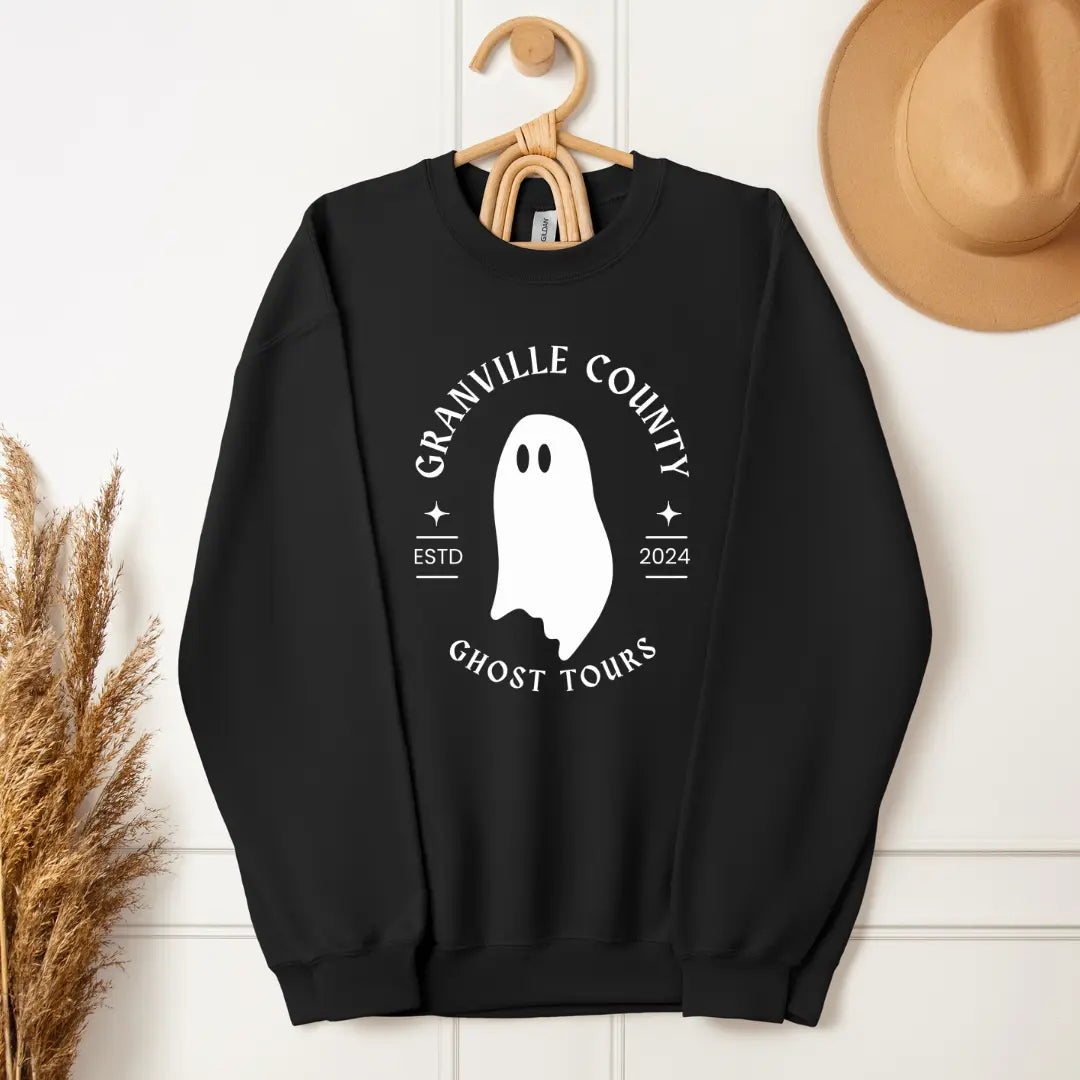 Winks Design Studio Granville County Ghost Tours crewneck sweatshirt in black with ghostly graphic design.