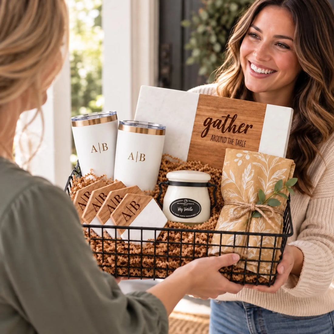 A black wire gift basket filled with coordinated home decor and beverage accessories, being held by a smiling woman in a beige sweater. The basket includes two white tumblers with gold trim and monogrammed lettering, a white marble sign, a wooden sign reading &