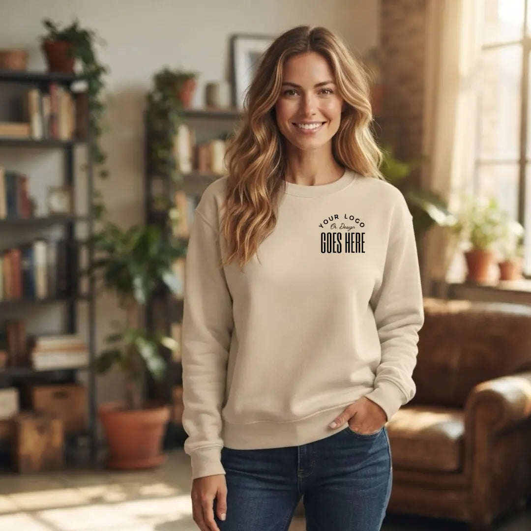Sand custom crewneck sweatshirt with a black "Your Logo or Design Goes Here" left chest placeholder print