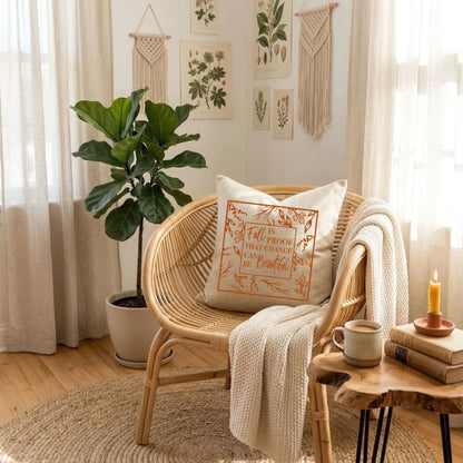Natural linen throw pillow with a burnt orange "Fall Is Proof That Change Can Be Beautiful" quote on a rattan chair