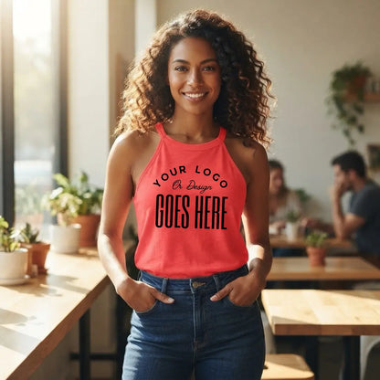 Woman in a coral custom high neck tank top with dark wash jeans in a bright, sunny cafe
