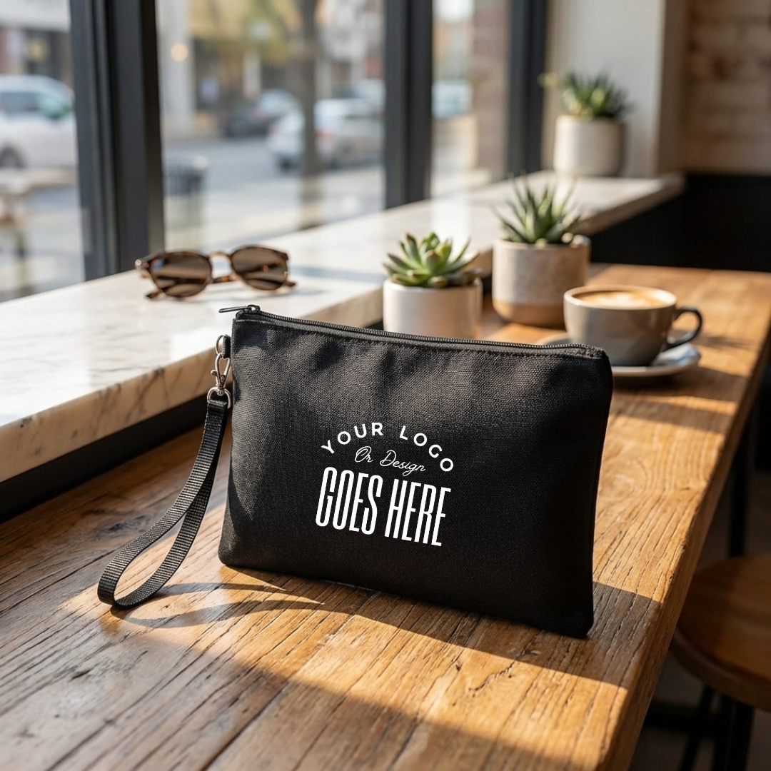 Custom cosmetic bag with wrist strap from Winks Design Studio, LLC, featuring a stylish fabric exterior and functional design.
