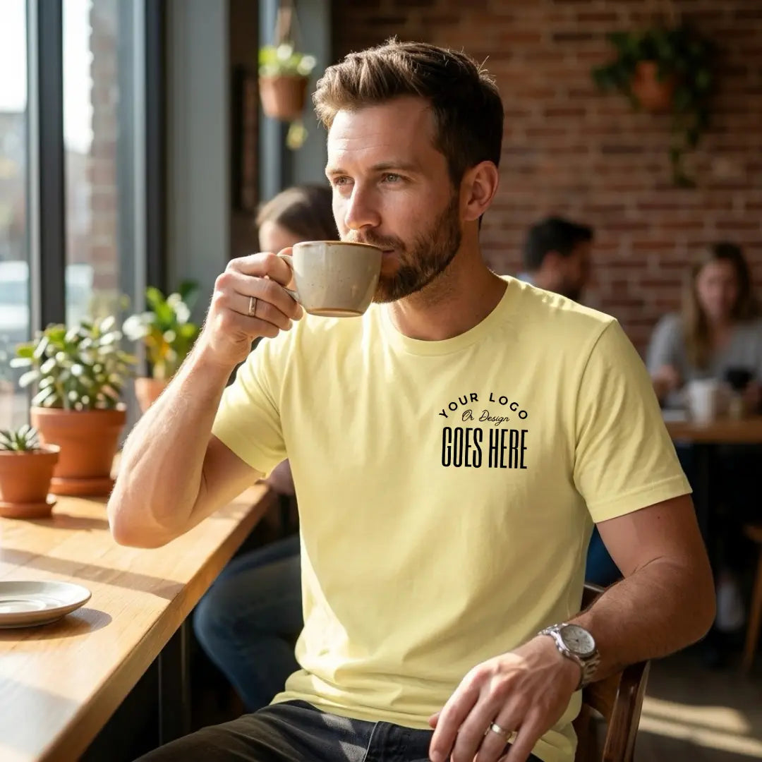 Pale yellow custom t-shirt with a black "Your Logo or Design Goes Here" left chest placeholder print