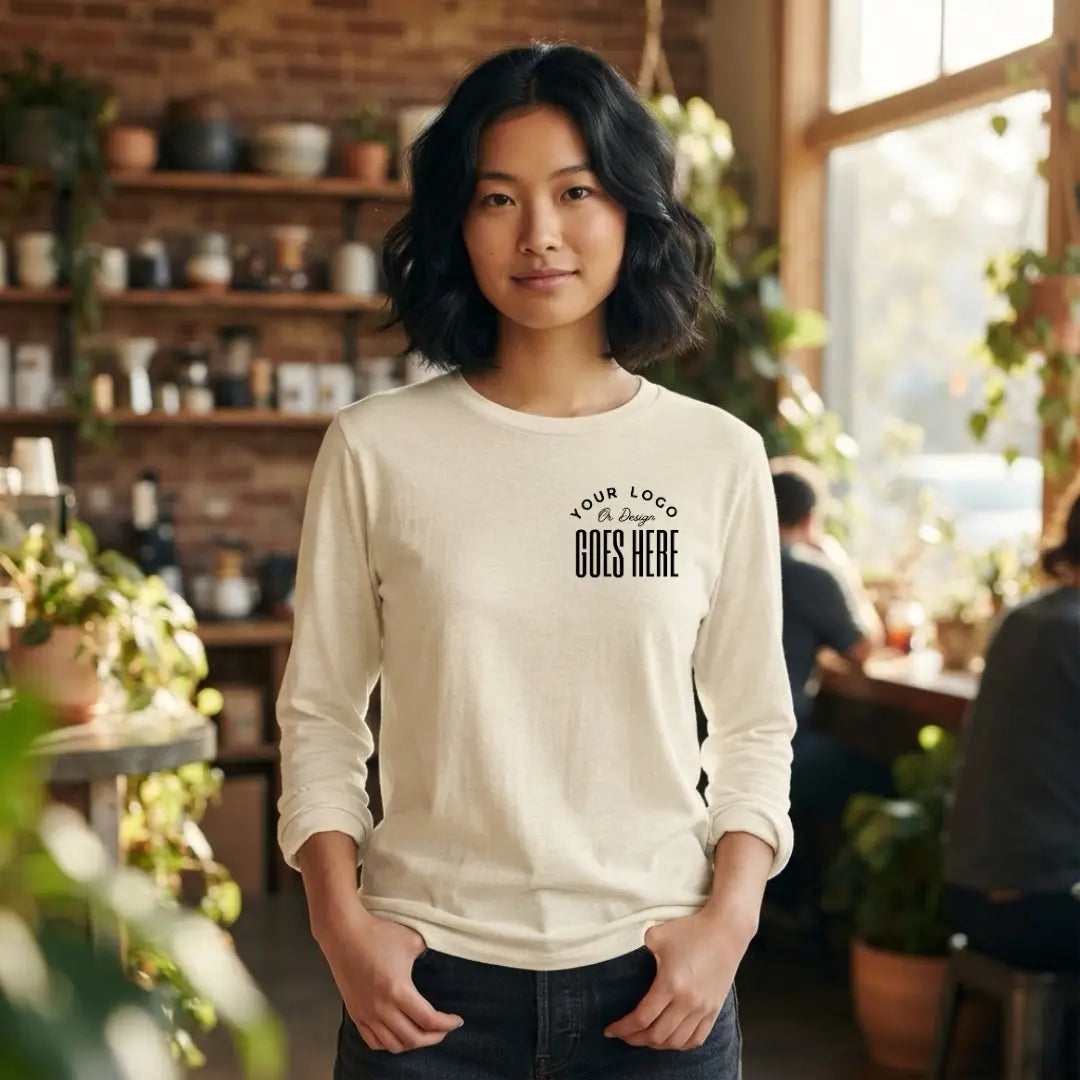 Cream custom long sleeve t-shirt with a black "Your Logo or Design Goes Here" left chest placeholder, worn in a plant-filled cafe