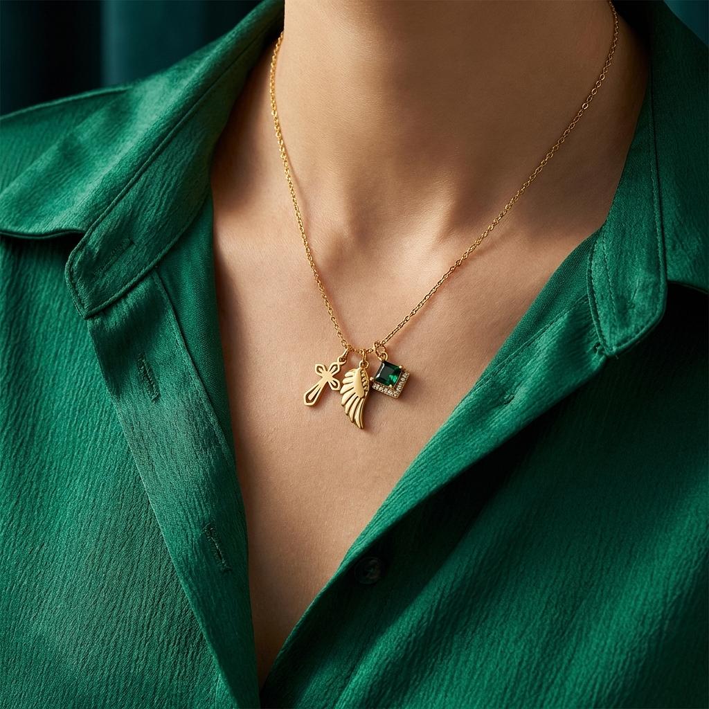 Gold Gatsby Emerald charm jewelry by Winks Design Studio, LLC featuring a detailed gold and emerald charm on a jewelry display.