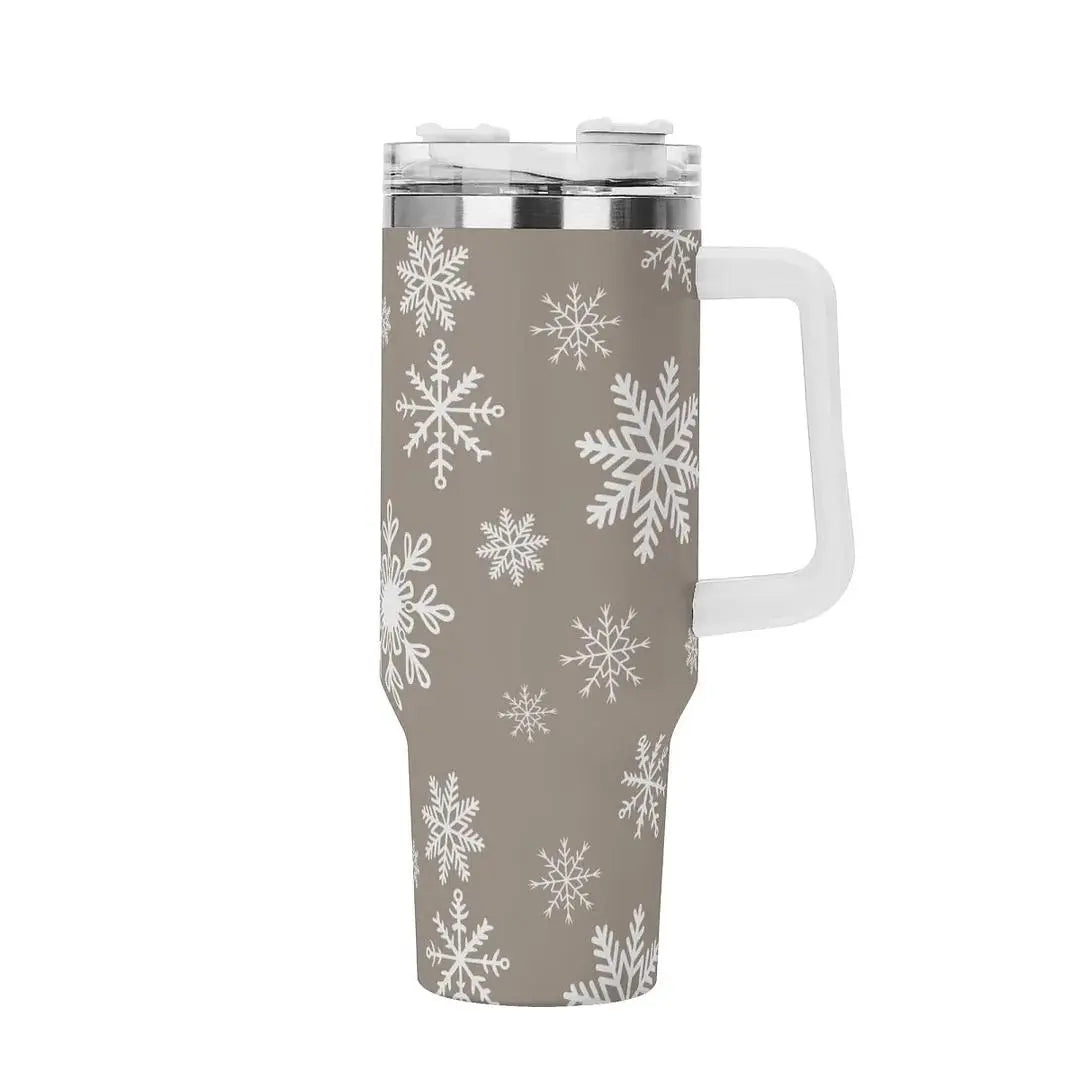 Winks Design Studio stainless steel water bottle with snowflake Serenade design, 40oz capacity, insulated tumbler for hot and cold drinks.