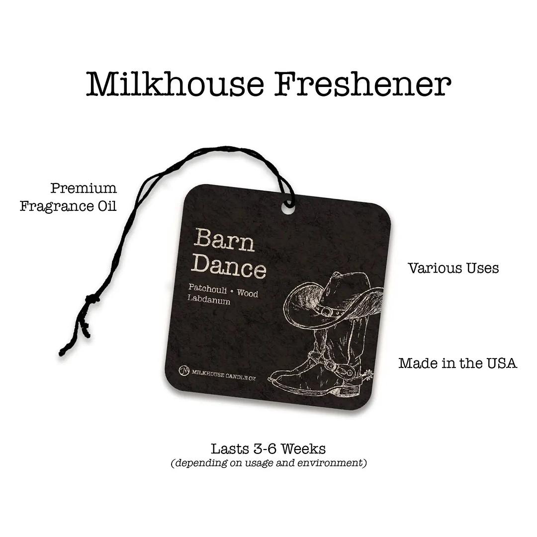 Milkhouse Candle Co. Barn Dance car freshener by Winks Design Studio, LLC, featuring a rustic scent with a decorative barn-themed design.