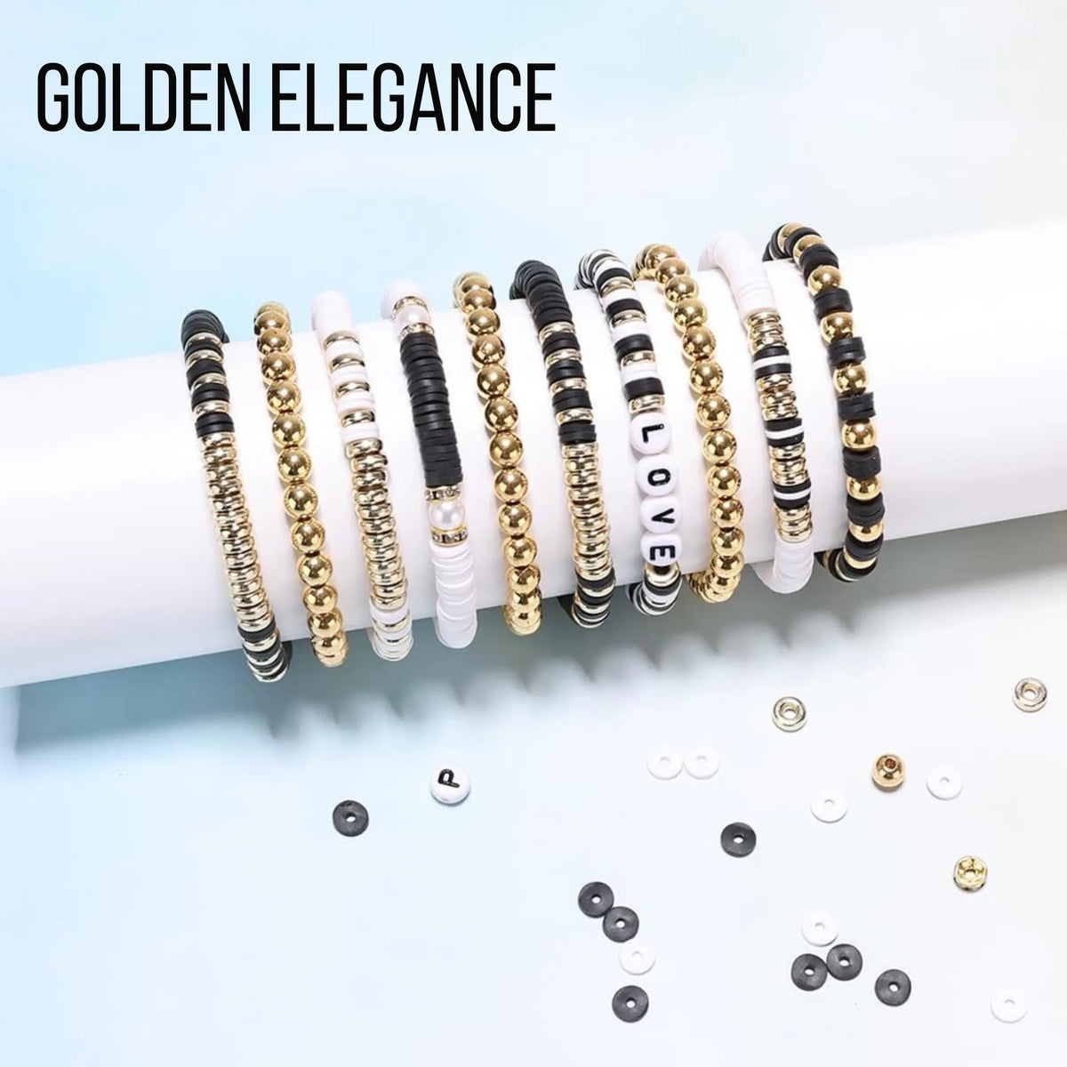 Workshop kit for bracelet stacking by Winks Design Studio, LLC, featuring various bracelet materials and tools for creating layered jewelry.