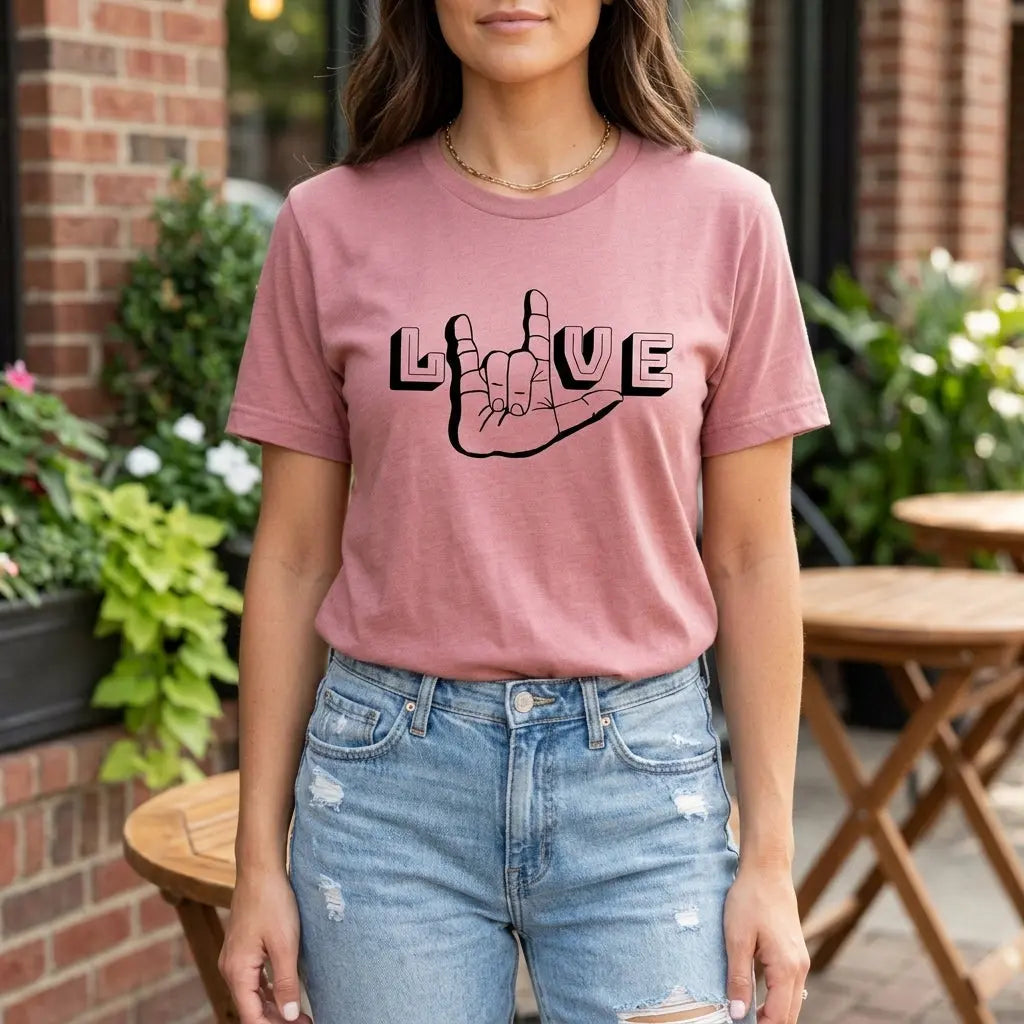 White ASL I Love You T-shirt by Winks Design Studio, LLC featuring bold hand sign graphic on front.