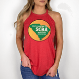 Woman wearing SCBA Halter Tank in red, featuring South Carolina Beekeepers Association logo, showcasing comfort and style with tri-blend fabric.