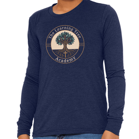 The Learning Tree Academy kid's long sleeve shirt in navy with a tree logo, perfect for comfort and stylish school wear.