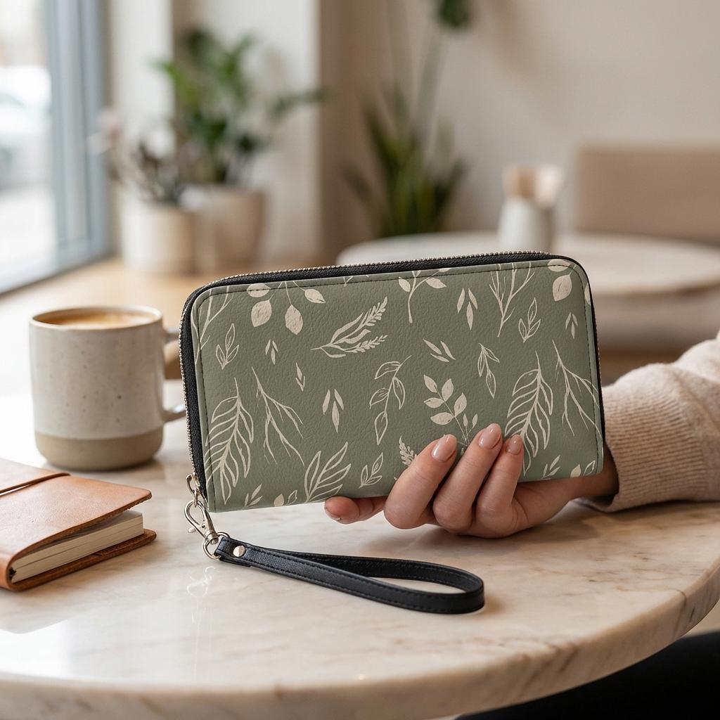 Winks Design Studio, LLC Sage and Stem leather wallet with multiple card slots and a sleek, minimalist design.