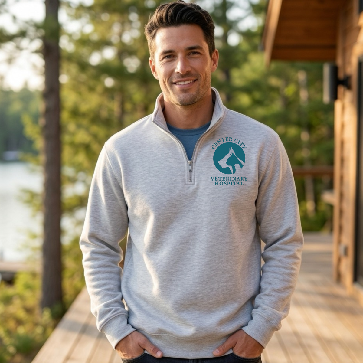 Winks Design Studio LLC Center City Vet quarter zip pullover jacket in a stylish, comfortable design, shown on a model.