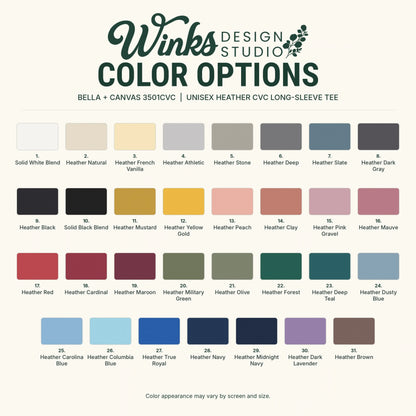 Winks Design Studio unisex heather long sleeve tee color chart with 31 colors, from neutrals to deep jewel tones