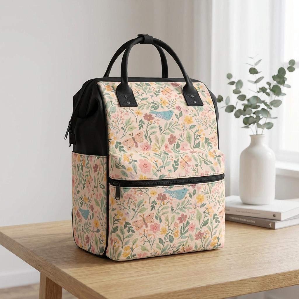 Winks Design Studio LLC storybook garden duckbilled backpack with colorful floral and duckbilled design, front zipper pocket and adjustable straps