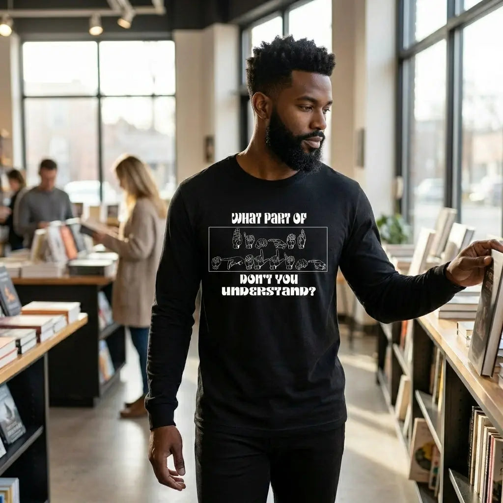 Long sleeve shirt featuring ASL finger spelling design from Winks Design Studio, LLC, with visible printed finger signs on the fabric.