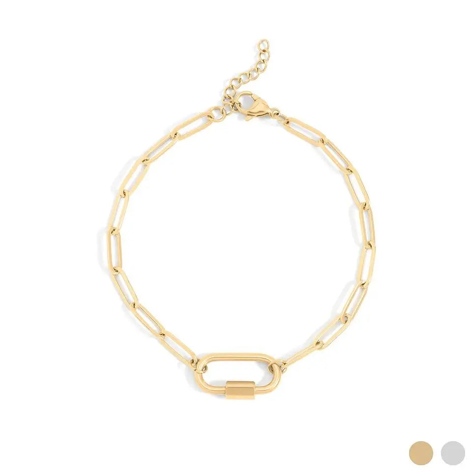 18K gold paperclip carabiner bracelet by Winks Design Studio, LLC featuring sleek, modern gold links on a delicate chain.