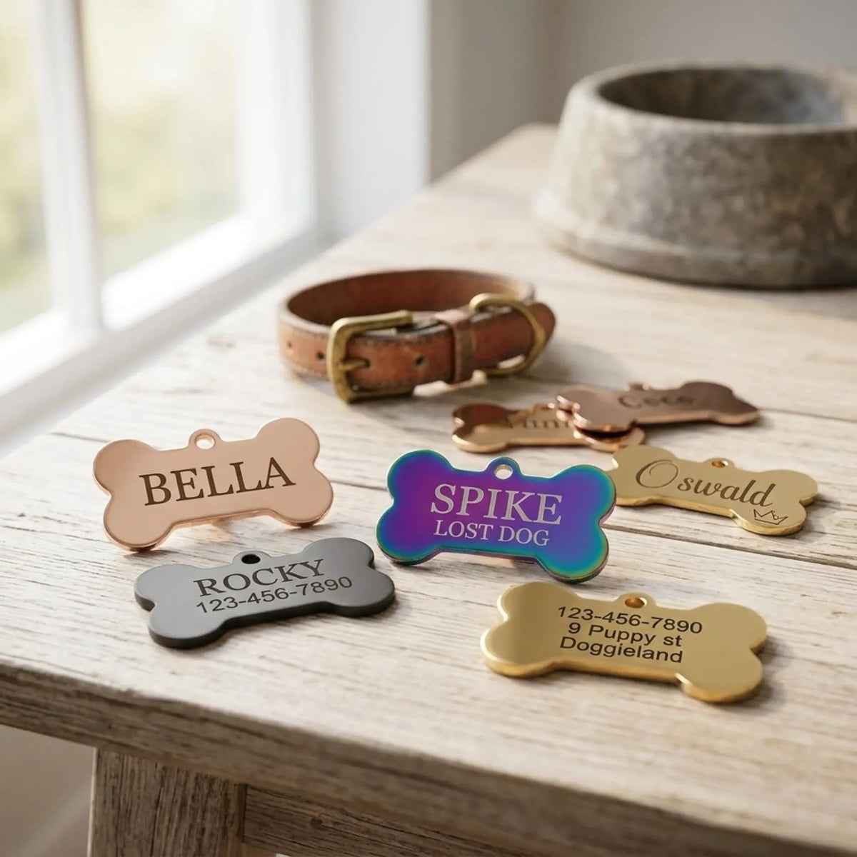 Engraved pet ID tag with "Center City" design from Winks Design Studio, LLC, featuring a shiny metal surface and engraved details.