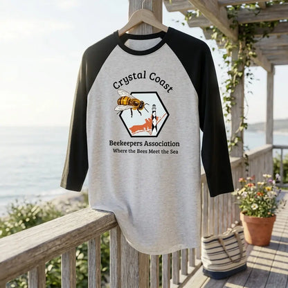 Winks Design Studio Crystal Coast beekeepers raglan shirt with nautical-themed design and comfortable fit, featuring a beekeeping motif.