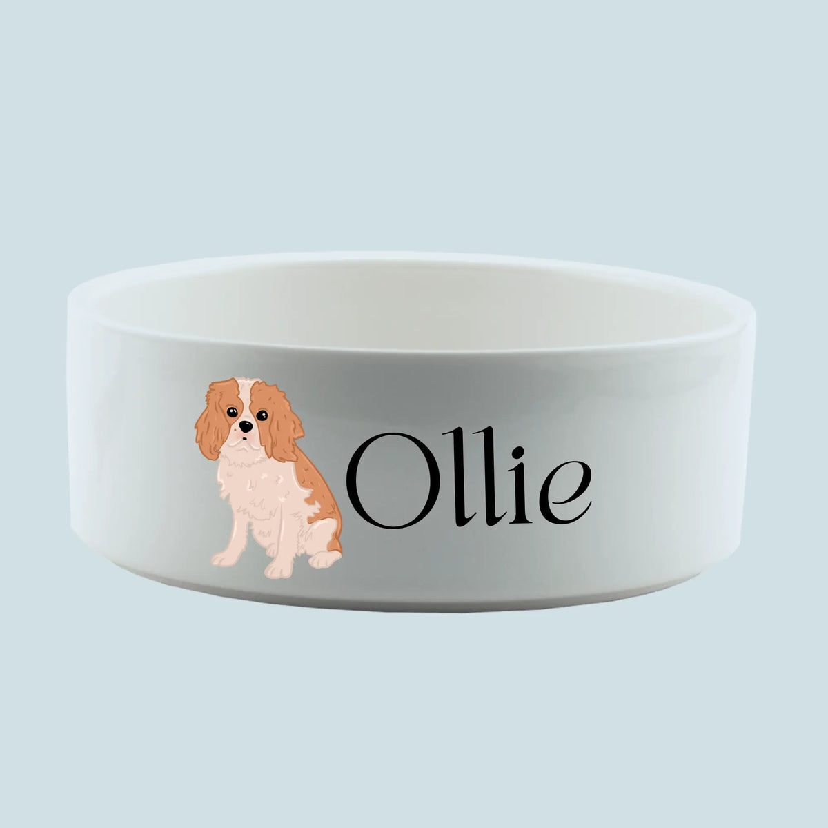 Custom pet portrait ceramic dog bowl with colorful design, featuring a detailed image of a dog on the bowl&