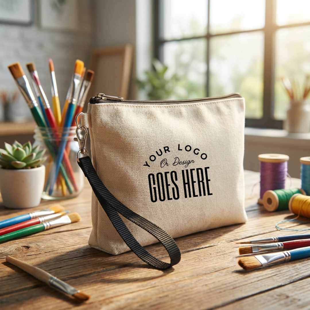 Custom cosmetic bag with wrist strap from Winks Design Studio, LLC, featuring a stylish design and compact storage space.