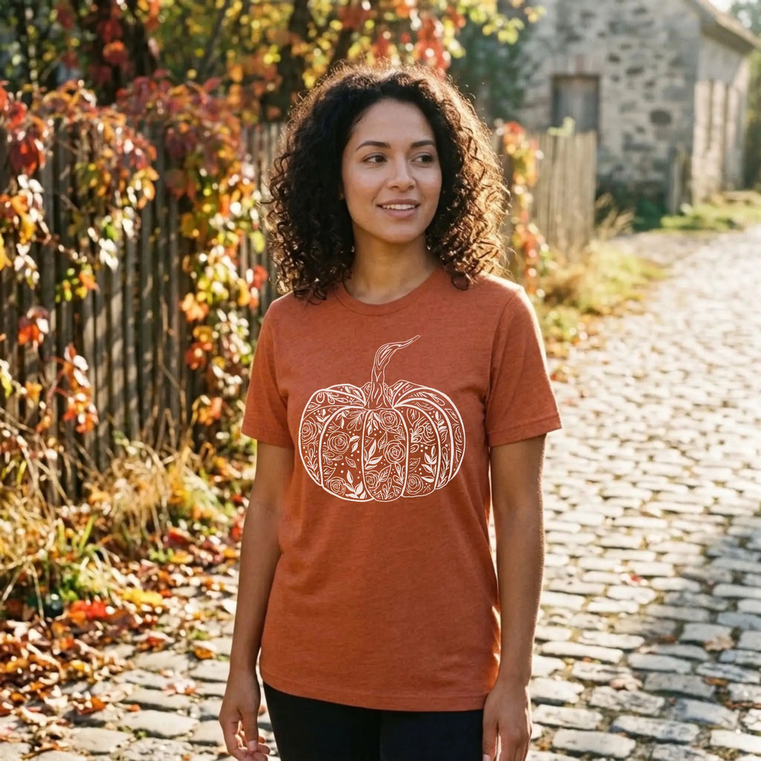 Woman in a heather autumn orange floral pumpkin graphic tee on a sunny cobblestone lane in fall