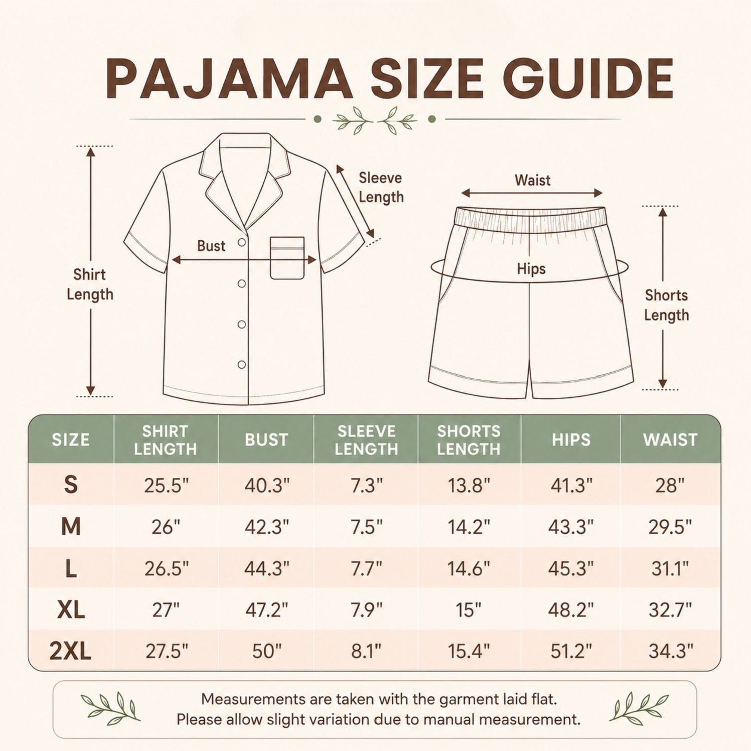 Pajama size guide chart showing garment measurement diagrams for a short-sleeve pajama shirt and shorts, with a size table listing S through 2XL measurements.