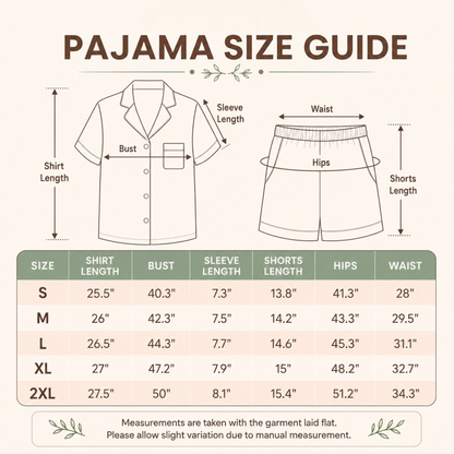 Pajama size guide chart showing garment measurement diagrams for a short-sleeve pajama shirt and shorts, with a size table listing S through 2XL measurements.