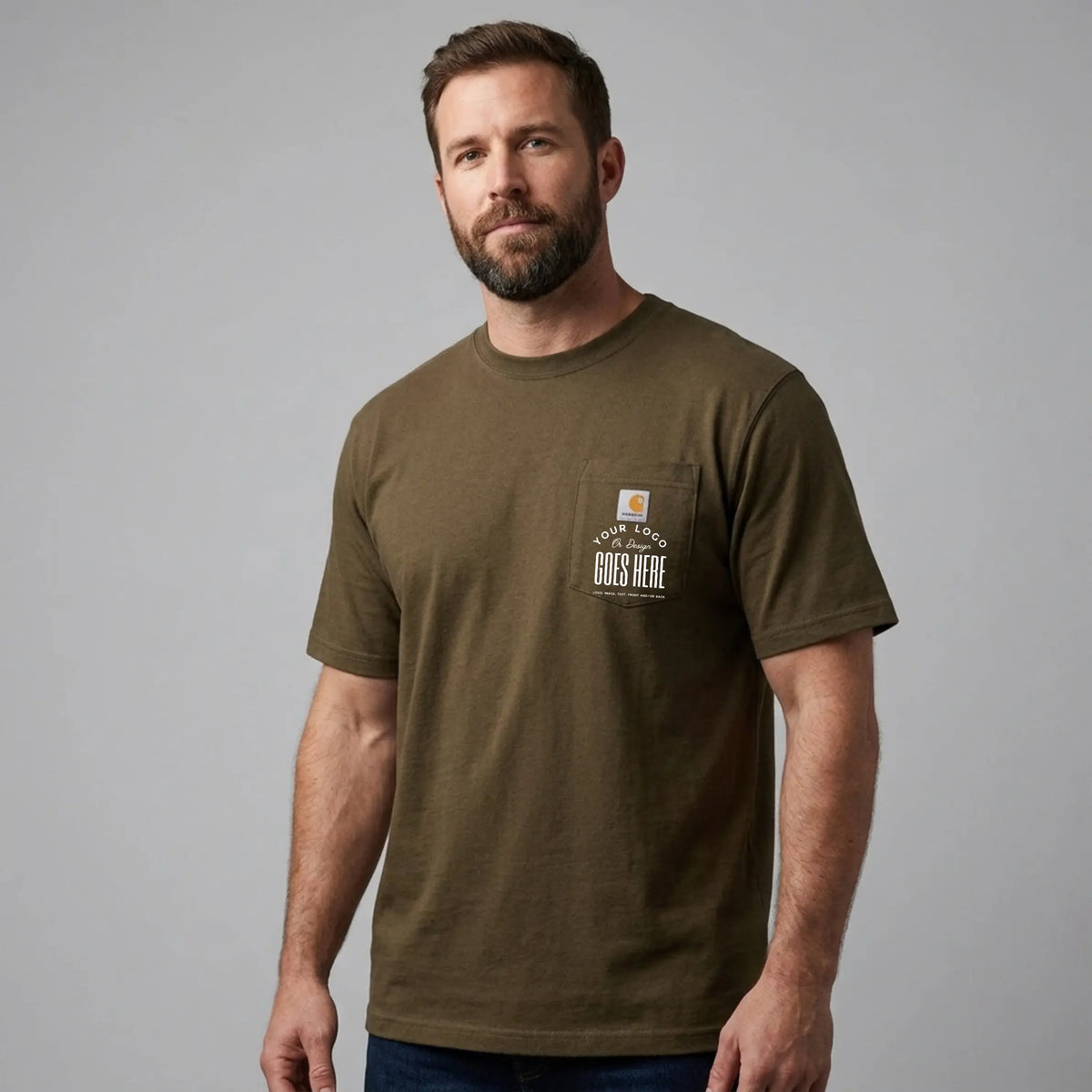 Custom Carhartt K87 pocket t-shirt by Winks Design Studio showing a personalized men&