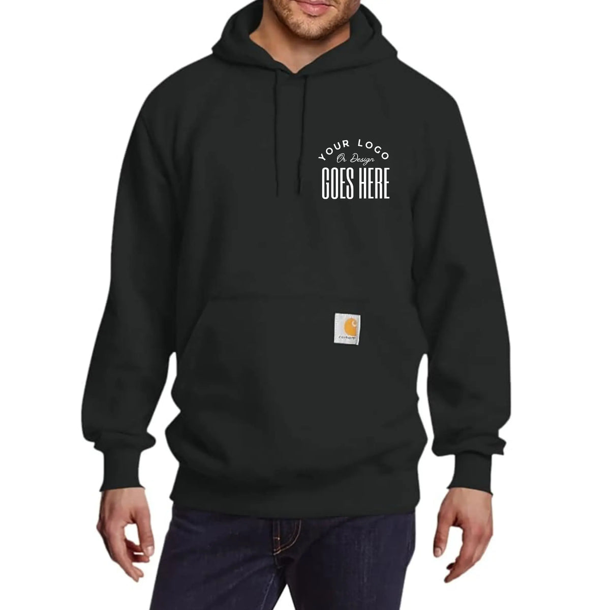 Winks Design Studio Carhartt Rain Defender heavyweight hoodie, 13oz water-repellent work sweatshirt with hood and front pocket.