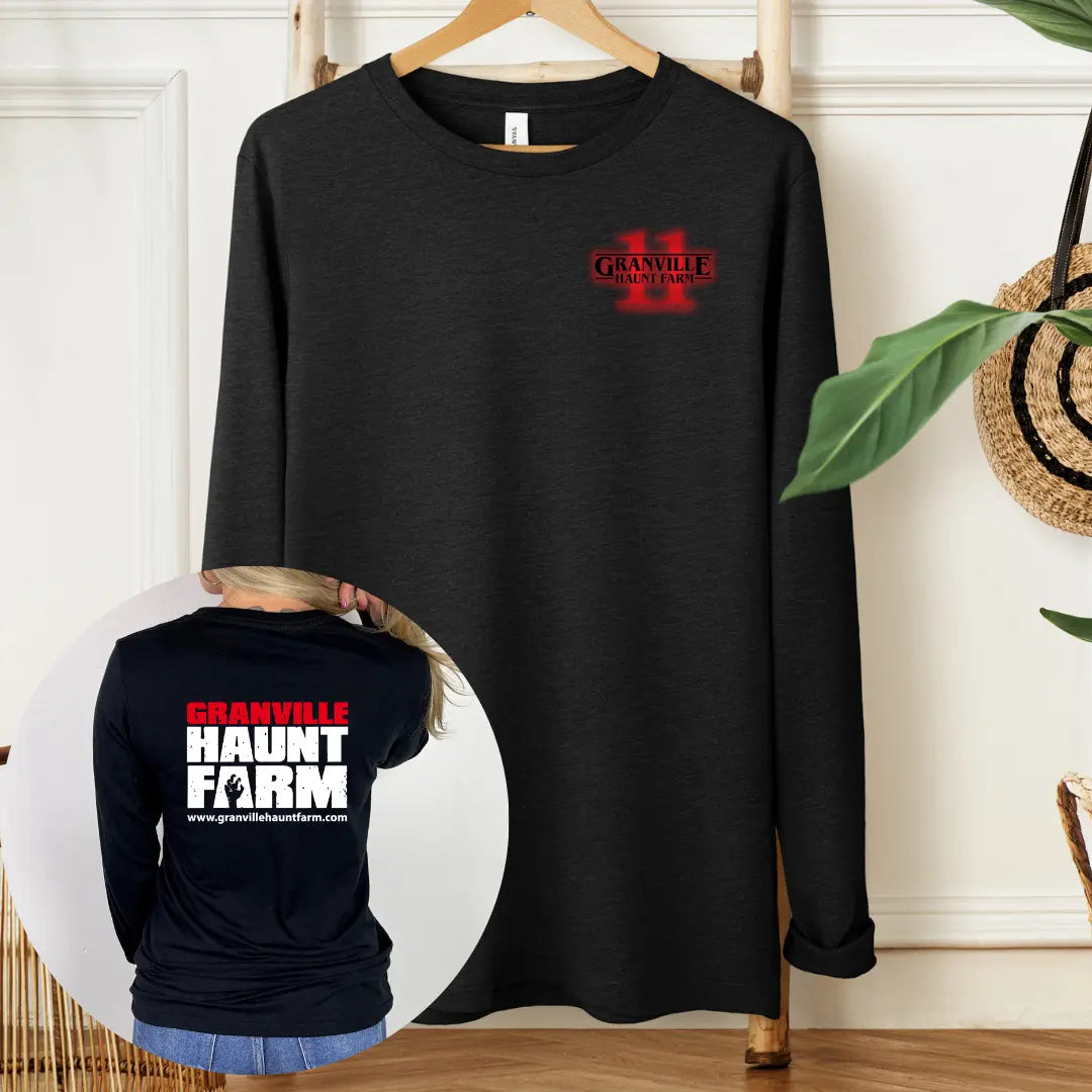Winks Design Studio Granville Haunt Farm long sleeve shirt featuring autumn-themed graphics on a comfortable long sleeve fabric.